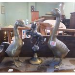 Two brass figures of geese, together with a spelter horse figure, height of tallest 36.5cm (3).