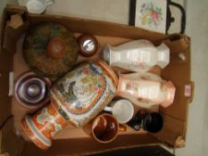 A mixed collection of ceramic items to include Oriental Vase with hardwood base, leather covered