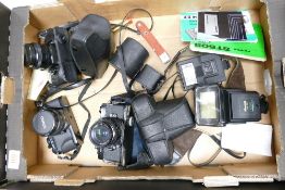 A collection of 35mm Film Camera including Centon K100, Cosina CSM, Fujica St605 , flash guns etc