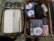 A mixed collection of electrical items to include Epsom projector, boxed fan heater, speakers,
