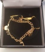 A 9ct gold charm bracelet with 4 small 9ct charms, together with a 9ct gold identity bracelet with