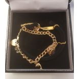 A 9ct gold charm bracelet with 4 small 9ct charms, together with a 9ct gold identity bracelet with