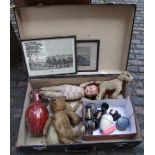Vintage suitcase with contents: teddy bears, framed prints, doll, vase etc.