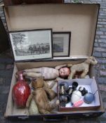Vintage suitcase with contents: teddy bears, framed prints, doll, vase etc.