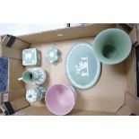 A collection of Sage Green Wedgwood items including lidded boxes, vase, planter together with