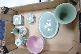 A collection of Sage Green Wedgwood items including lidded boxes, vase, planter together with