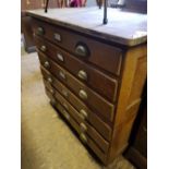 Mid century oak six drawer plan chest, 94cm W x 71cm D x 86cm H.