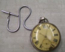 Silver pocket watch with chain. Some damage to the dial face