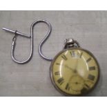 Silver pocket watch with chain. Some damage to the dial face