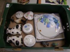 A mixed collection of items to include staffordshire type dogs: Wedgwood lidded pots, Beswick birds,