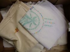 A collection of vintage linen tablecloths (1 tray).