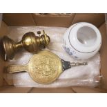 Brass oil lamp: with glass chimney and floral glass shade, plus a set of brass bellows.