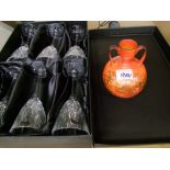 W Adams & Son red twin handled vase together with boxed set of 6 Thomas Webb crystal wine glasses.