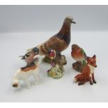 Beswick brown pigeon 1383 together with Chaffinch 991, Robin 980, Goldfinch 2273, small seated fox