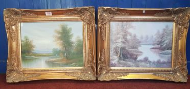 Two oil on canvas paintings of waterside scenes, in ornate gilt wooden frames, overall size of