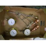 3 Brass pressure gauges, copper sugar sifters, brass Fire Poker together with a Brass Table top