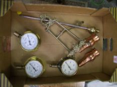 3 Brass pressure gauges, copper sugar sifters, brass Fire Poker together with a Brass Table top