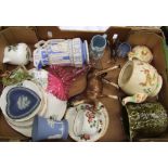 A mixed collection of items to include Wedgwood japser ware, cranberry glass vase, Portmerion jug,