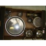 A polished pewter 4 piece tea service with Tray together with cut glass and rose bowl etc (1 tray)