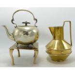 Brass small kettle, stand & similar jug, height of tallest 18cm(3)