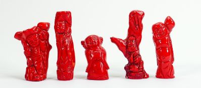 Group of five carved Oriental theme Coral figures: Tallest 9cm ref 130