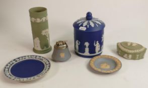 Dark blue tobacco or biscuit jar with base & lid, together with other green and light blue pieces.