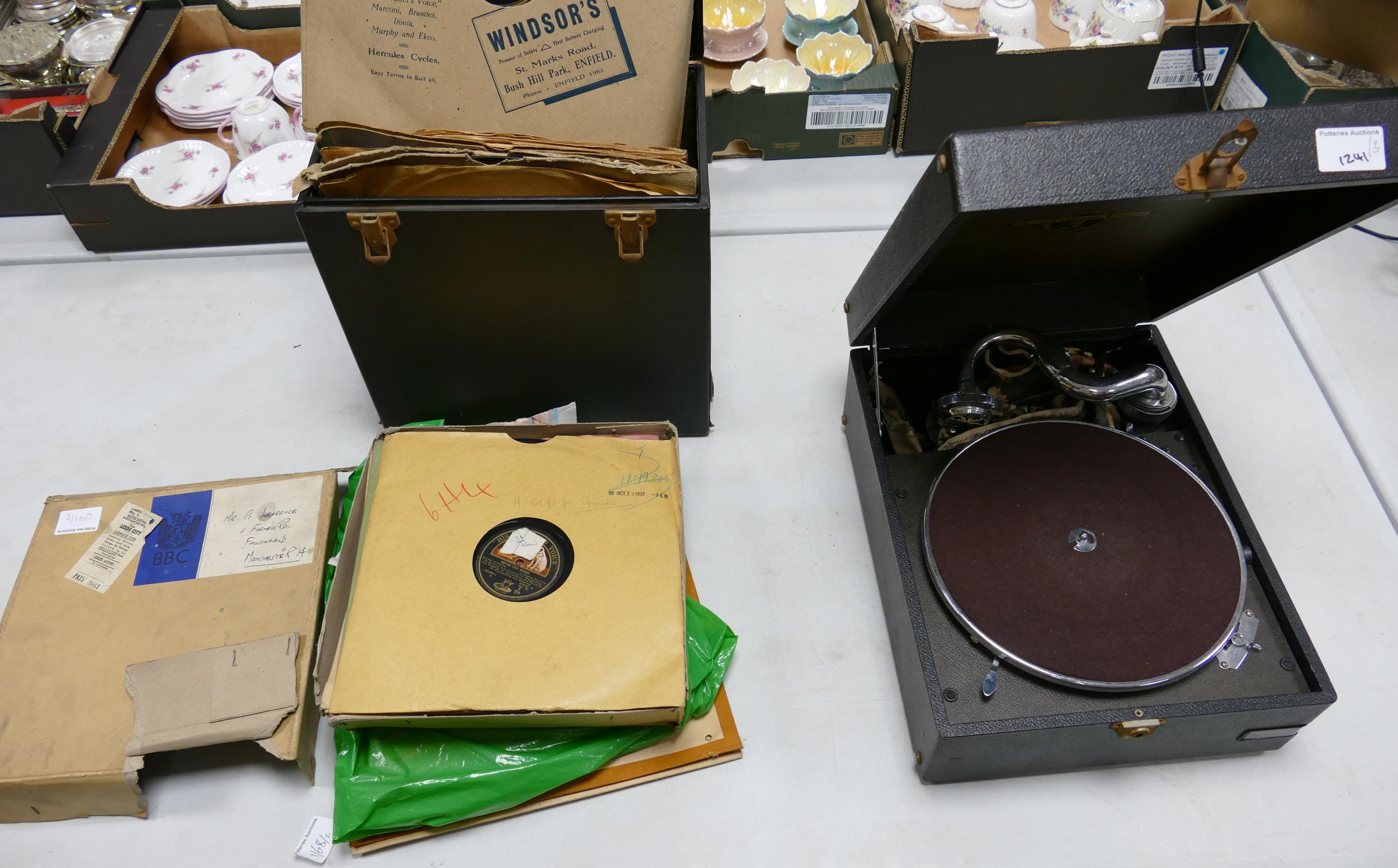 Columbia Branded Black Box Gramophone Player and 78's many BBC issue item noted