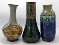 Royal Doulton Lambeth Style Stoneware Vases, Relief Decorated with Foliage, largest 28cm(3)