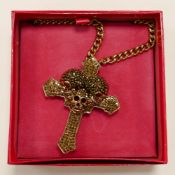 Butler & Wilson costume jewellery gold effect diamante skulls on crucifix necklace