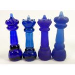 Large 1960's blue & frosted blue crystal chess set: Height of King 11.4cm