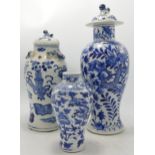Three Earlier Chinese Blue & White Decorated Vases, damage noted to both lids, tallest 28cm(3)