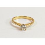 18ct gold ladies diamond solitaire ring: Diamond size approx .40ct, ring size M, 2.8g.