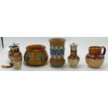 Royal Doulton Lambeth Stoneware items to include, vases, metal lidded vessel, small beaker, metal