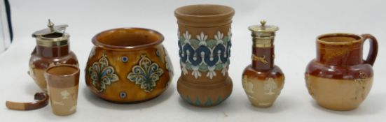 Royal Doulton Lambeth Stoneware items to include, vases, metal lidded vessel, small beaker, metal