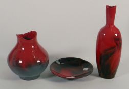 Royal Doulton Flambe items to include Veined 1603 & 1605 vases, small 1620 dish, tallest 18cm(3)