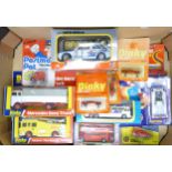 A collection of Boxed & Carded Dinky, Burago , Ertl, Corgi & Similar Buses, Commercials & cars