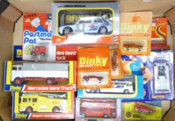 A collection of Boxed & Carded Dinky, Burago , Ertl, Corgi & Similar Buses, Commercials & cars