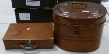 Vintage large tin hat box in original paint together with small card brief case