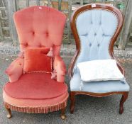 Victorian red upholstered nursing chair, with cushion, together with blue upholstered spoon back