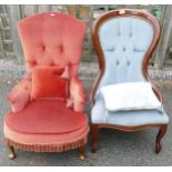 Victorian red upholstered nursing chair, with cushion, together with blue upholstered spoon back