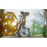 A mixed collection of items to include oak and chrome candlesticks, amber glass dressing table set