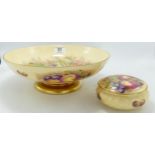 Aynsley Orchard Gold Patterned large footed Fruit Bowl & Lidded Pot, seconds, larger piece with