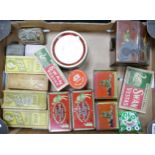 A mixed collection of items to include advertising tin boxes, unused white Windsor and similar