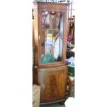 Reproduction mahogany veneered corner display cabinet, w64 x h 181cm.