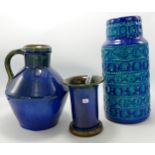 Denby Blue Glazed large Jug & Beaker together with West German Vase, height of tallest 25cm(3)