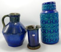Denby Blue Glazed large Jug & Beaker together with West German Vase, height of tallest 25cm(3)
