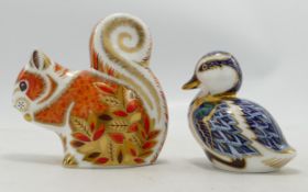 Royal Crown Derby Autumn Squirrel & Duckling paperweights, both gold stoppereed(2)