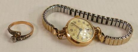 9ct gold ladies Cyma wrist watch with a yellow metal ring. (2)