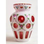 Bohemian glass vase with overlay cut to Cranberry with hand decorated flowers & garlands: Height