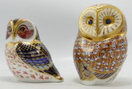 Royal Crown Derby Tawny Owl & Barn Owl, both gold stopper (2)
